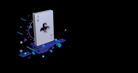 Poster - White ace of clubs card on a pedestal of abstract geometric shapes floating in the air. Abstract concept art with flying shapes on the left. 3d illustration on black background