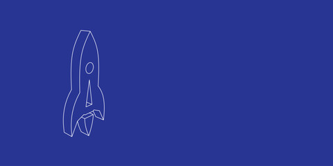 Poster - The outline of a large rocket made of white lines on the left. 3D view of the object in perspective. Vector illustration on indigo background