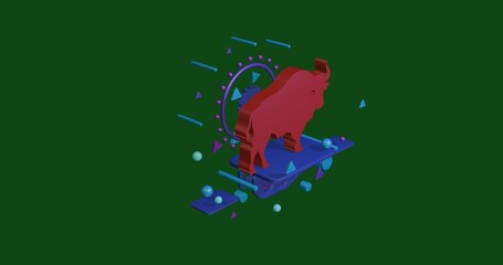 Poster - Red buffalo symbol on a pedestal of abstract geometric shapes floating in the air. Abstract concept art with flying shapes in the center. 3d illustration on green background