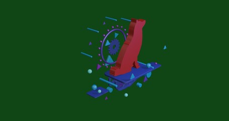 Poster - Red dog symbol on a pedestal of abstract geometric shapes floating in the air. Abstract concept art with flying shapes in the center. 3d illustration on green background