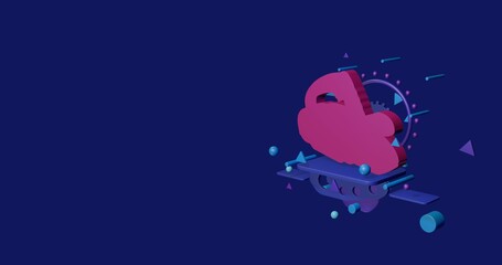 Poster - Pink electric plane symbol on a pedestal of abstract geometric shapes floating in the air. Abstract concept art with flying shapes on the right. 3d illustration on indigo background