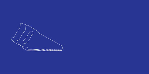 Poster - The outline of a large hand saw symbol made of white lines on the left. 3D view of the object in perspective. Vector illustration on indigo background