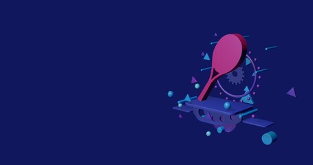 Poster - Pink tennis racket symbol on a pedestal of abstract geometric shapes floating in the air. Abstract concept art with flying shapes on the right. 3d illustration on indigo background
