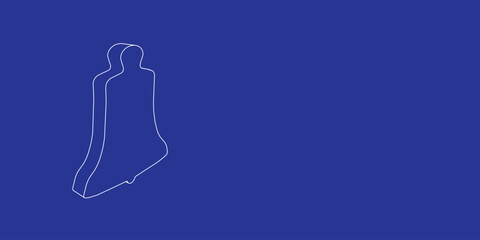 Poster - The outline of a large vintage bell symbol made of white lines on the left. 3D view of the object in perspective. Vector illustration on indigo background