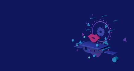 Poster - Pink lips symbol on a pedestal of abstract geometric shapes floating in the air. Abstract concept art with flying shapes on the right. 3d illustration on indigo background