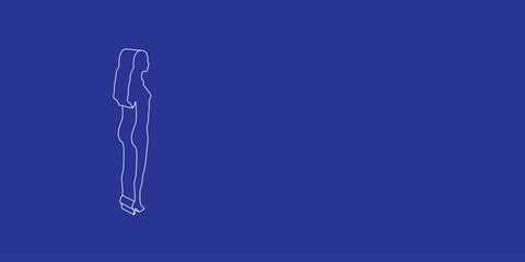 Poster - the outline of a large woman silhouette made of white lines on the left. 3d view of the object in pe
