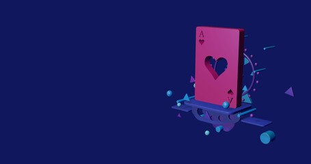Poster - Pink ace of heart card on a pedestal of abstract geometric shapes floating in the air. Abstract concept art with flying shapes on the right. 3d illustration on indigo background