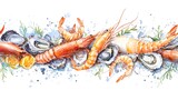Watercolor illustration of various seafood arranged in a horizontal design.