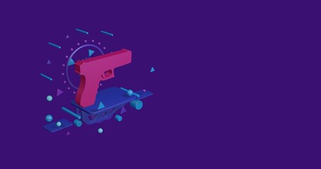 Poster - Pink gun symbol on a pedestal of abstract geometric shapes floating in the air. Abstract concept art with flying shapes on the left. 3d illustration on deep purple background