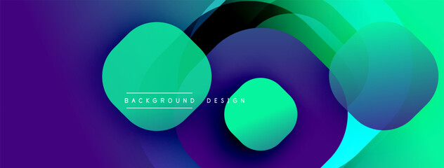 Poster - Abstract vibrant circles overlap purple, green hues. Modern design suggests fluidity, energy, dynamic composition. Background text reads background design.