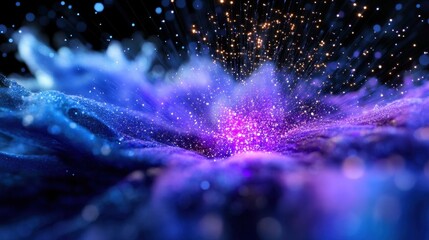 Fototapete - Glitter explosion with sparkling particles shaped like stars on a black background