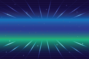 Wall Mural - retro cyberpunk pixel art game scene from the 80s. dark blue 8-bit sci-fi background. glowing neon g