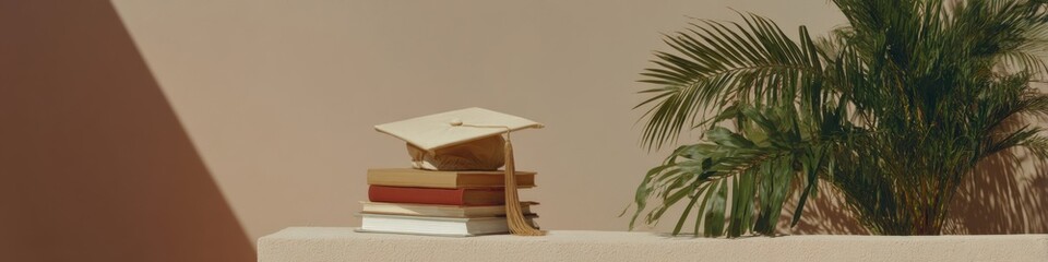 Aufkleber - Minimalist Academic Achievement Graduation Cap on Textbooks with Tropical Palm - Inspiring Gen Z Educational Milestone and Professional Development Narrative