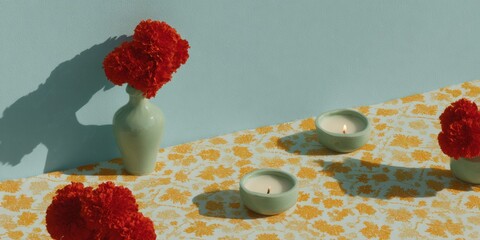 Poster - Mindful Stillness Zen-Inspired Ceramic Vases and Candles on Vintage Textured Surface - Minimalist Wellness Aesthetic for Conscious Living Spaces