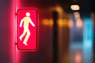 Poster - Cyberpunk Safety Design Neon Emergency Exit Sign with Luminescent Wayfinding Iconography - Modern Workplace Risk Management Visual Protocol