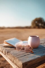 Aufkleber - Slow Living Essentials Minimalist Outdoor Workspace with Rustic Wooden Table, Soft-Toned Ceramics and Vintage Sunglasses - Mindful Productivity Aesthetic