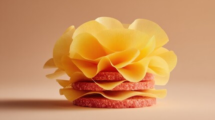 Poster - Culinary Artistry Meets Food Design Minimalist Burger Patty Stack with Sculptural Wavy Cheese, Capturing Gourmet Aesthetic and Modern Food Styling Trends