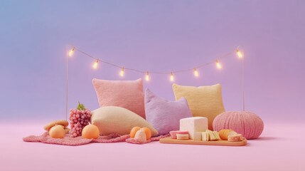 Aufkleber - Soft Pastel Picnic Aesthetic Dreamy Gen Z Lifestyle with Ambient Fairy Lights - Millennial Social Media Content and Wellness Branding