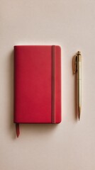 Poster - Minimalist Executive Planning Bold Red Leather Notebook and Gold Pen - Productivity Essentials for Modern Professionals Embracing Analog Creativity in Digital Age