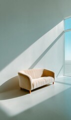Poster - Minimalist Living Sculptural Secondhand Sofa in Serene Light - Contemporary Eco-Conscious Design for Mindful Urban Interiors and Sustainable Lifestyle Branding