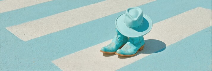 Poster - Urban Western Minimalism Turquoise Cowboy Boots and Hat Casting Nostalgic Shadows - Contemporary Fashion Storytelling for Trend-Driven Creatives