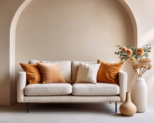 Poster - Minimalist Scandinavian Living Elegant Neutral Sofa with Warm Terracotta Accents - Contemporary Home Styling for Urban Wellness and Refined Interior Design