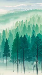 Aufkleber - 緑豊かな針葉樹林のパノラマ風景 穏やかな背景の山々と霧がかった雰囲気 美しい自然のイラスト