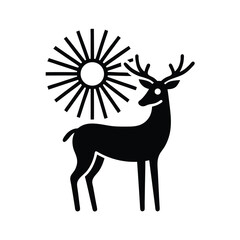 Poster - Simple black and white illustration of a deer with antlers standing beneath a radiant sun symbol.