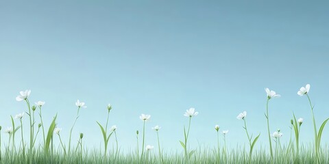 Aufkleber - 青い背景に広がる白く繊細な花と緑の草の春の風景 静かで穏やかな屋外シーンを捉えたミニマルなフローラルデザイン
