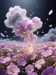 Aufkleber - 紫色の花の咲く広大な野原とドラマチックな雲のコントラスト 静けさと色彩が織りなす美しい風景 ライトパープルとダークスカイ