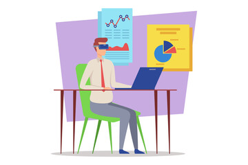 Poster - Person seated at desk wearing virtual reality goggles, engaged in work-related activities. Charts and graphs on wall, indicating focus on data analysis