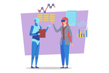 Poster - Humanoid robot and woman wearing virtual reality goggles engaged in discussion about data analytics trends in modern office setting with colorful charts on walls