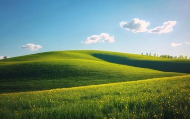 Poster - 緑豊かな丘と青い空の田園風景 美しい草地の風景と自然の美しさを捉えた晴れた日の鮮やかな緑と黄色の色合い