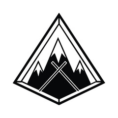 Poster - Black and white mountain logo design featuring crossed axe elements inside a geometric shape concept for outdoors