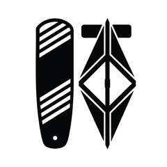 Poster - Abstract black and white graphic composition featuring a surfboard and a stylized geometric symbol on a white background