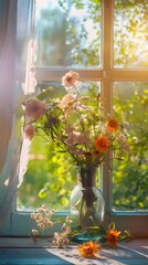 Aufkleber - 窓辺に飾られた色とりどりの花束 光が差し込む室内 美しい静物写真