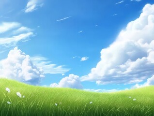 Poster - 青い空と白い雲と緑の牧草地の風景 イラストのような背景画像