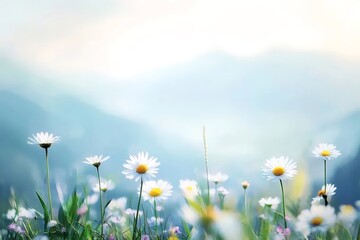 Poster - 背景がぼやけた穏やかな山岳風景の中の白いデイジーの花のクローズアップ鮮やかな緑の牧草地と明るい日光に照らされた花のフィールド