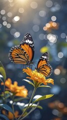 Aufkleber - オレンジ色の蝶が咲く花の上にとまる様子を捉えたマクロ写真 晴れた日の庭で背景はボケ味になっており 優雅で自然な美しさが際立つ