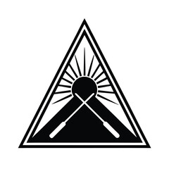 Poster - Symbolic geometric illustration of sun and rays intersecting with crossed sticks within a black and white triangle