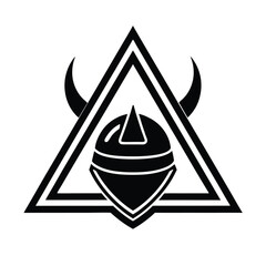 Poster - Modern black and white illustration featuring a viking helmet inside a triangular geometric shape symbol