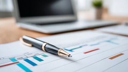 Aufkleber - Project timeline chart is displayed on a clean desk featuring a sleek fountain pen, while a blurred laptop adds a modern touch in the background
