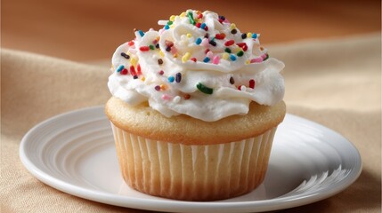 Poster - Captivating close-up of a beautifully topped cupcake featuring fluffy whipped cream and colorful rainbow sprinkles on a simple white plate, set against a soft background
