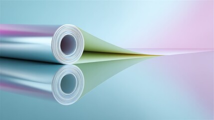 Aufkleber - A coil of metallic foil is partially unrolled on a smooth surface, showcasing stunning reflections of purple and green light in an elegant studio environment