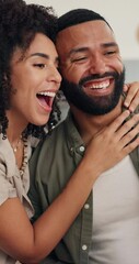 Poster - Happy, hug and couple in home with smile for selfie for bonding, relationship and affection. Dating, love and man and woman pose for photo for profile picture, memory and together in living room