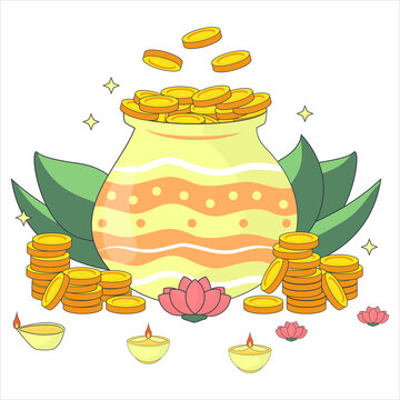 A festive illustration celebrating Akshaya Tritiya, featuring a decorative pot overflowing with shimmering gold coins, flanked by stacked coins, blooming lotus flowers, and glowing oil lamps