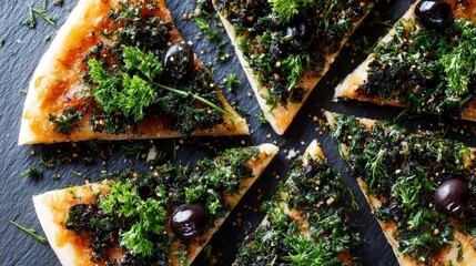 Poster - Close-up view of rustic flatbread slices garnished with vibrant herbs and olives, highlighting the rich textures and Mediterranean cuisine flavors