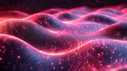 Poster - Abstract, glowing, digital waves of pink and purple, dotted textures.