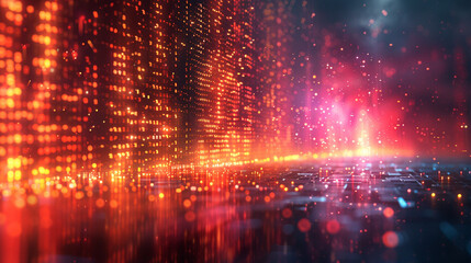 Poster - abstract futuristic city scene with vibrant digital lights and particles.