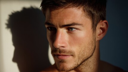 Aufkleber - A man gazes thoughtfully, illuminated by warm golden-hour light. Soft shadows enhance his features, creating an atmosphere of calm reflection